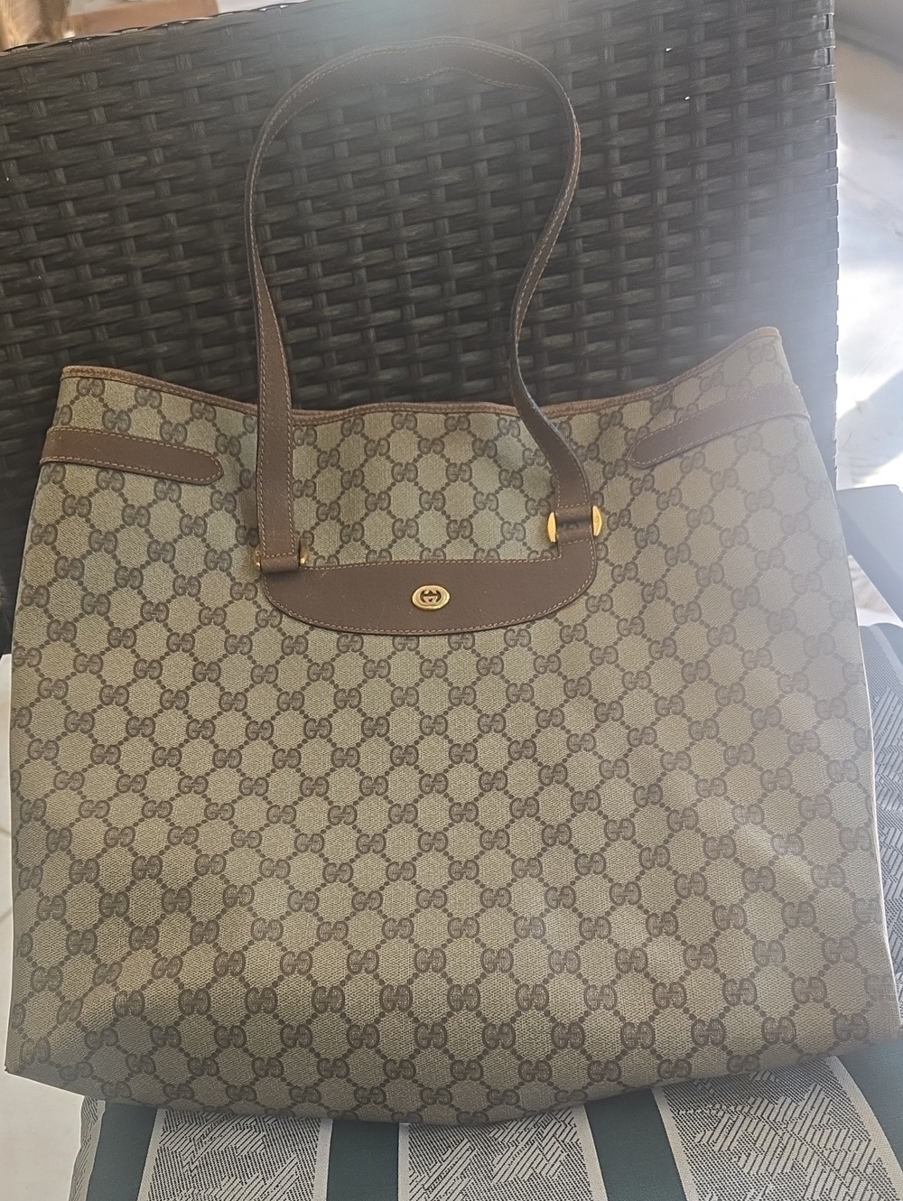 Authentic Gucci Vintage GG Supreme Canvas Tote with Leather Trim